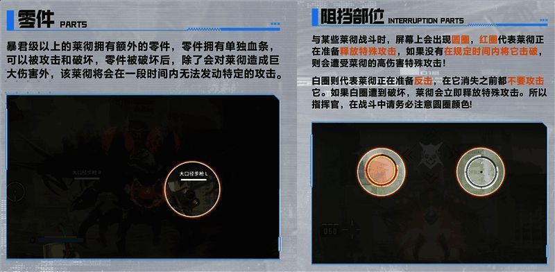 战斗界面截图,显示敌人可破坏部位与红圈预警提示