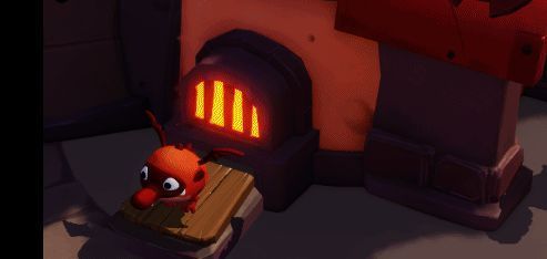 小恶魔在铁匠铺忙碌生火，角色在一旁观察