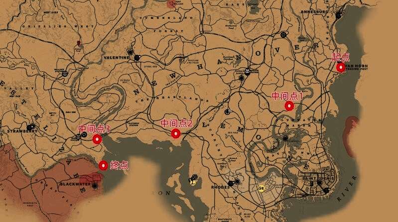 地图标记示意图,四个主要路段划分清晰