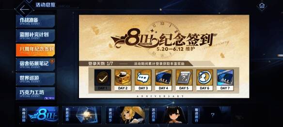 周年签到界面展示，显示每日奖励图标与累计天数进度条