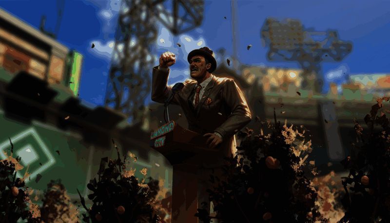 《辐射：避难所Online》新版本宣传图，背景为废土风格城市与英雄形象