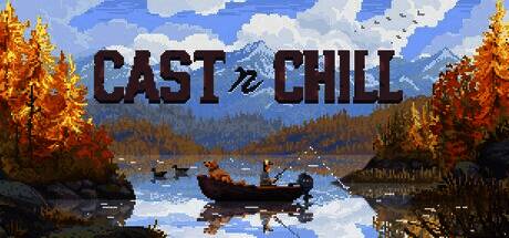 宁静的湖边钓鱼场景,玩家角色坐在木椅上手持鱼竿,身旁有小狗陪伴