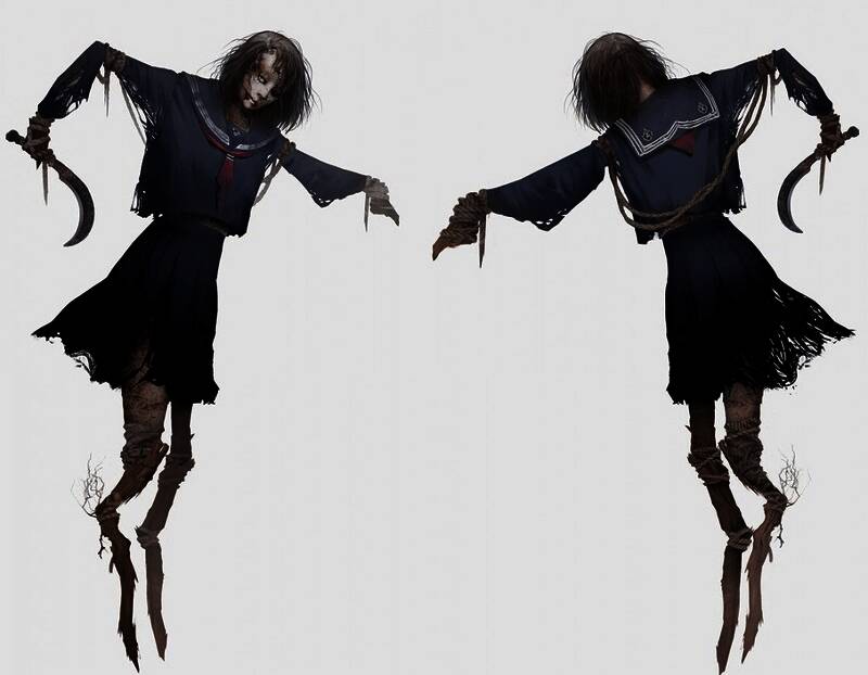 Ayakakashi全身像,身着破旧校服,身形瘦削,宛如噩梦中的存在