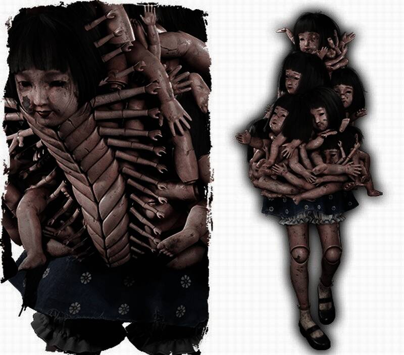 Oi-omoi设定图,多个玩偶部件拼接成的怪物,四肢扭曲,表情狰狞