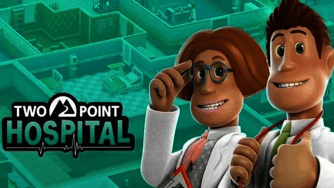 《双点医院》游戏界面展示，画面卡通风格浓厚，医院场景热闹非凡