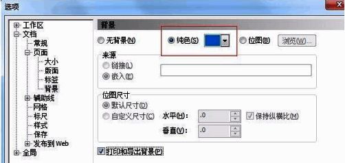 CorelDraw X4选项设置界面底部，显示打印和导出背景选项是否启用