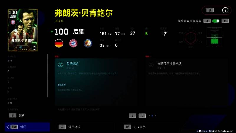 贝肯鲍尔经典踢球姿势，身披拜仁球衣，神情专注