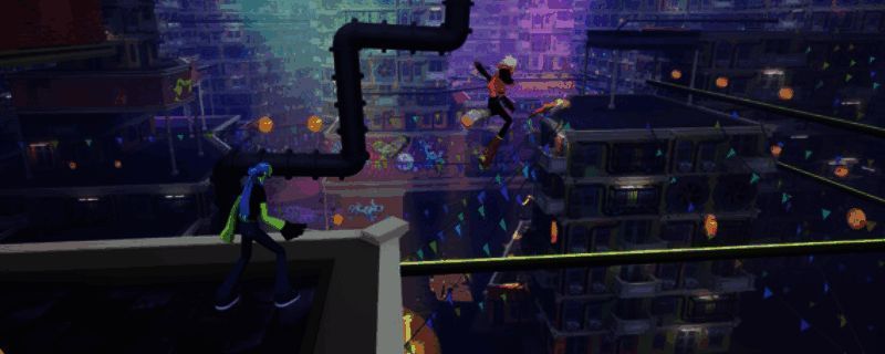 曲途2游戏封面展示，两位主角在充满霓虹感的舞台背景下激情演奏