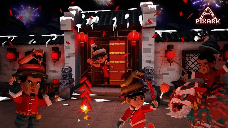 《方块方舟》生物佩戴春节财神帽画面