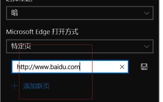 在设置页面选择特定页面并输入主页网址的画面