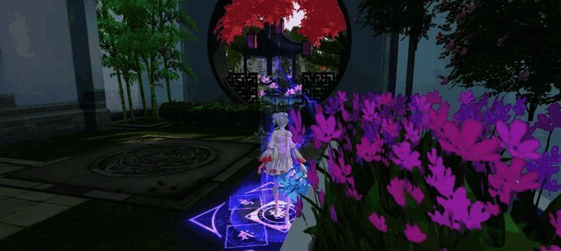 《天下》手游中铁丶铁少侠家园里透过拱门看到的院外风景图