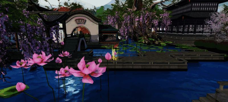 《天下》手游中铁丶铁少侠家园里曲径、拱桥、楼阁与荷塘的风景图