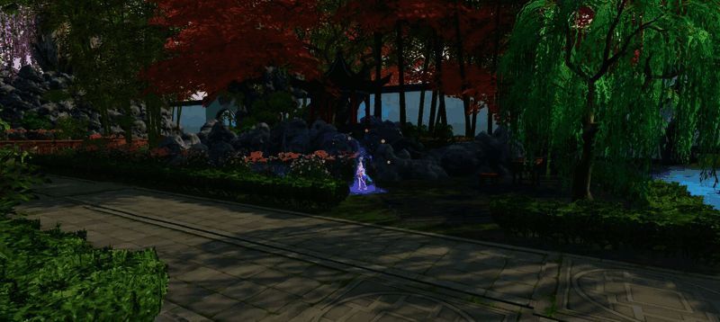 《天下》手游中铁丶铁少侠家园里后花园凉亭与枫树的风景图