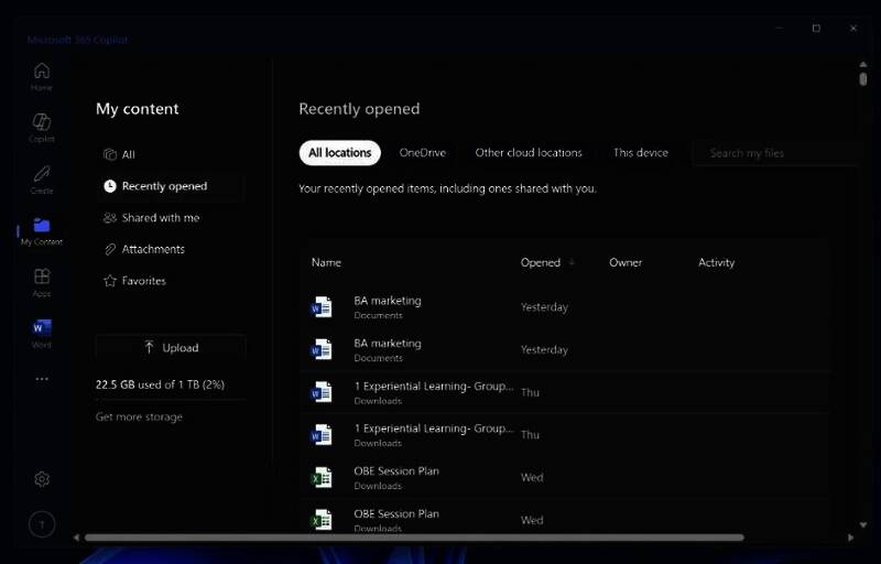 Microsoft 365 Copilot我的内容选项卡界面图片
