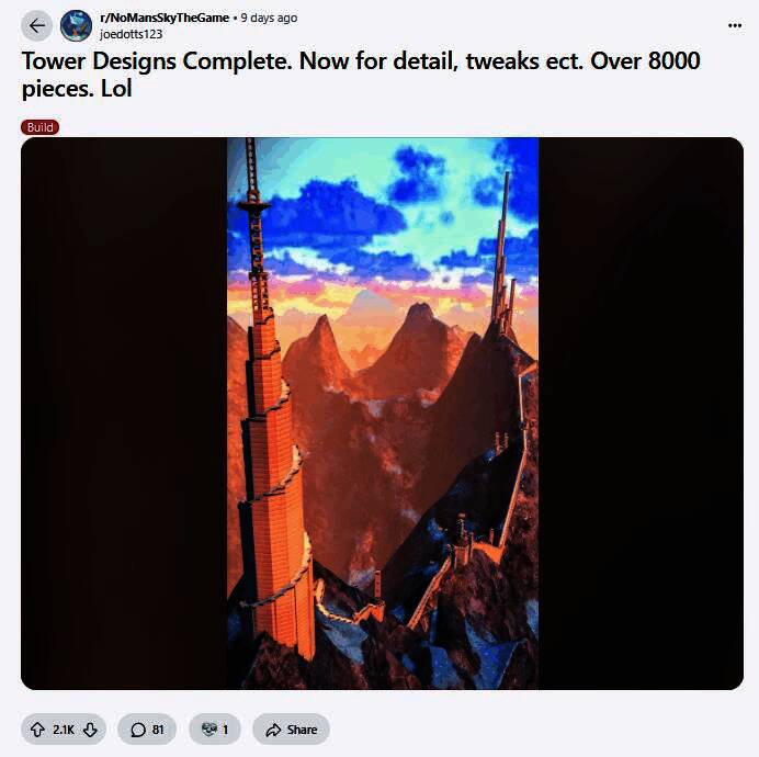 玩家建造的融合长城与巴别塔形式的建筑图片