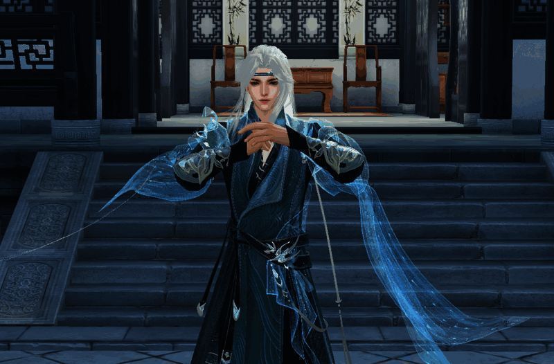 身着【幽兰黛雅】佩戴苍蓝色抹额的少侠