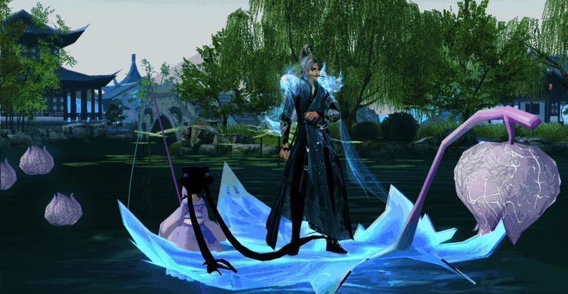 身着【幽兰黛雅】搭配【桃花债】肩饰乘舟的少侠