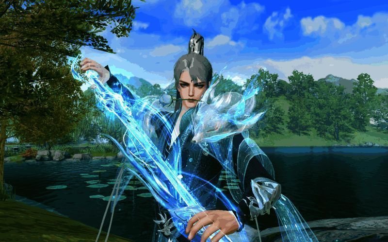 身着【幽兰黛雅】搭配【桃花债】肩饰乘舟的少侠