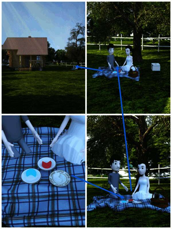 树下野餐及食物的画面