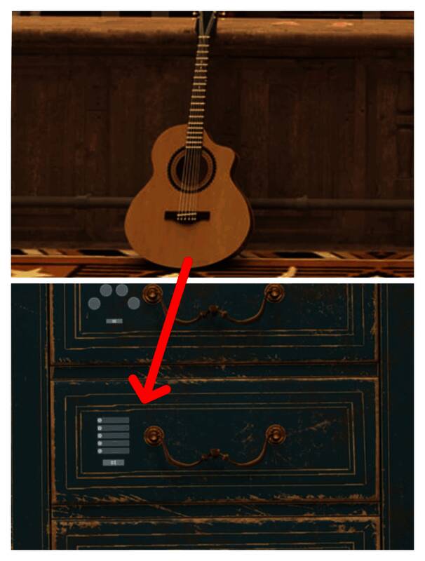 酒馆吧台旁吉他及马棚蓝色柜子图