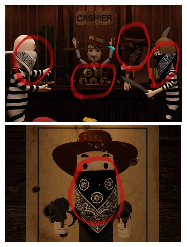 银行劫匪、通缉令及牢房内箱子图