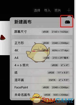 Procreate点击右上角+号进入新建画布菜单栏的界面图