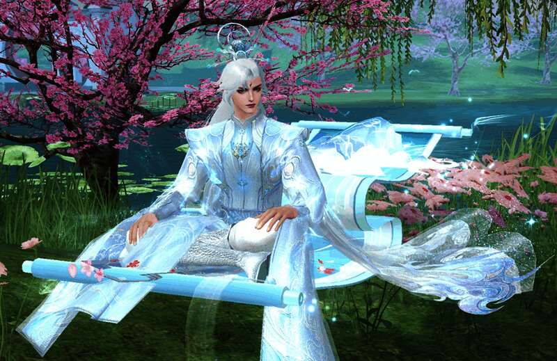 身着暖絮浮岚的少侠盘腿坐在山海绘卷·夏上美照