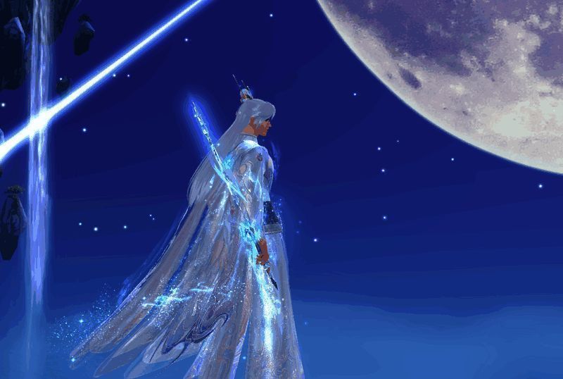 身着暖絮浮岚的少侠执长剑立于苍穹月光下美照