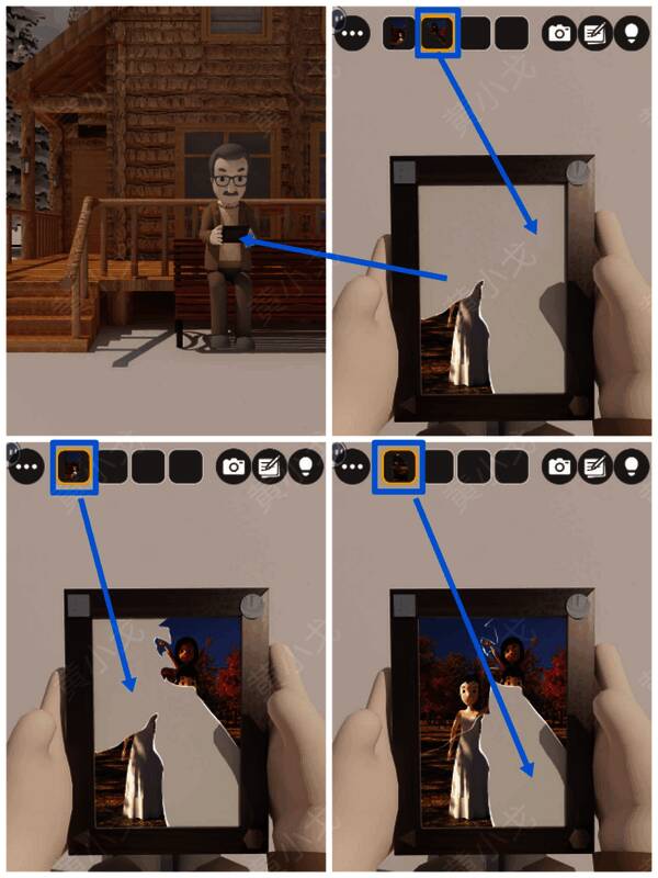 放入照片碎片老人进屋画面