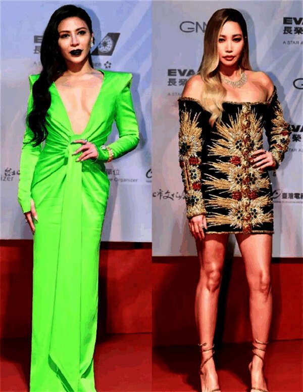 图1.jpg 金曲奖红毯上穿荧光绿礼服搭配黑口红的明星造型