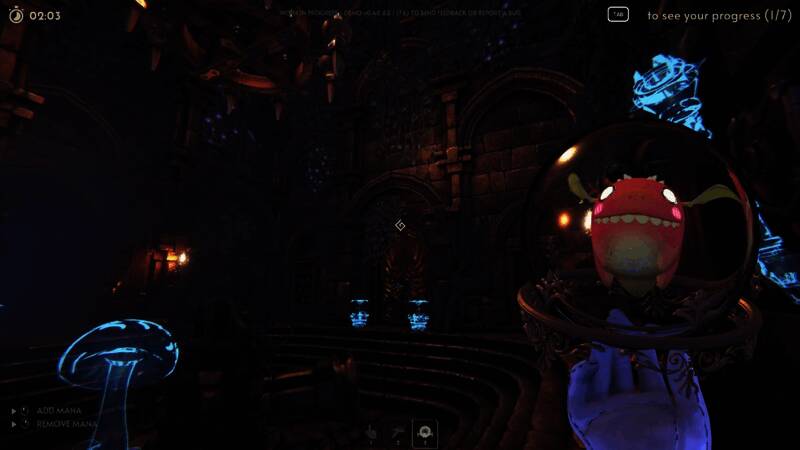 游戏中角色操作清洁设备进行打扫的场景,背景为地牢环境