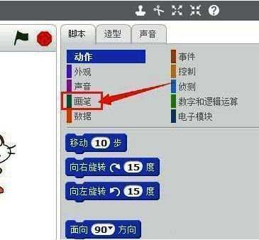 Scratch界面中画笔模块选项卡展示