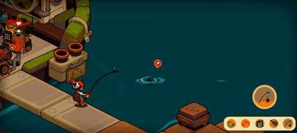 《寻海之旅》钓鱼界面截图，小丑鱼处于低杆状态表示钓到普通鱼