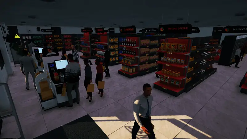 整体超市布局视图，可看到不同区域如冷柜、货架和过道分布清晰