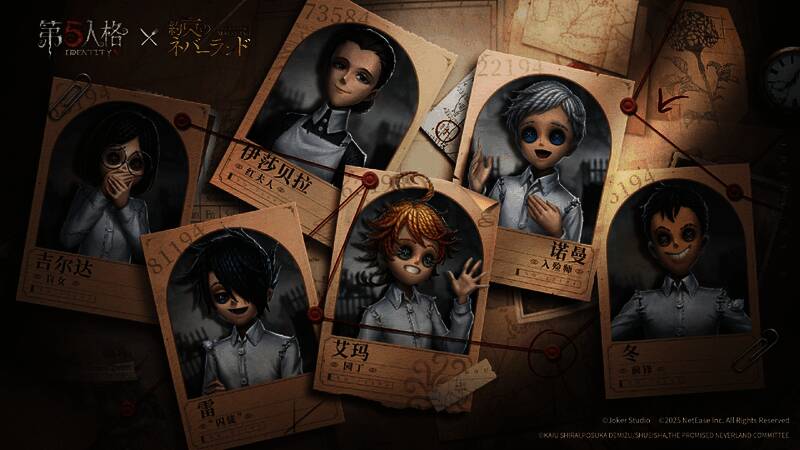 第五人格与约定的梦幻岛联动角色展示,呈现精美时装设计