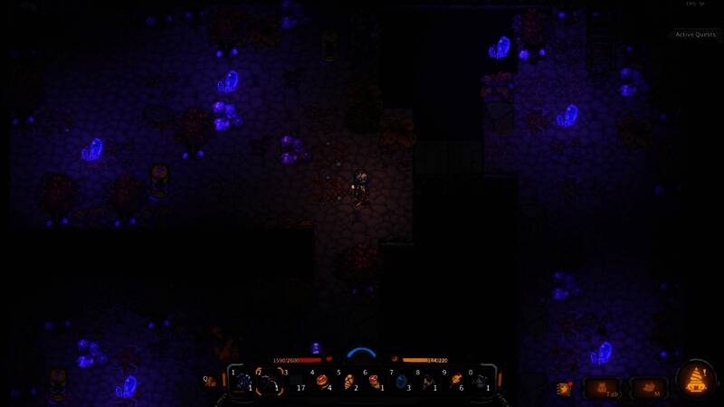 角色在地底森林环境中探索的画面,周围环绕着发光植物与奇异生物