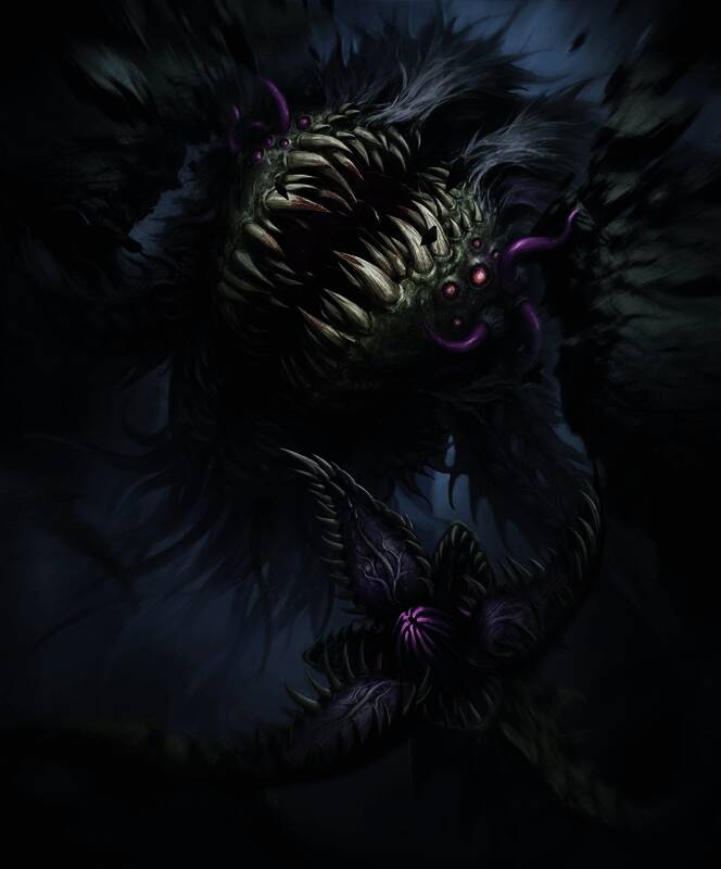 深渊潜灵在断桥下展开攻击的场景,触手破坏着桥梁结构