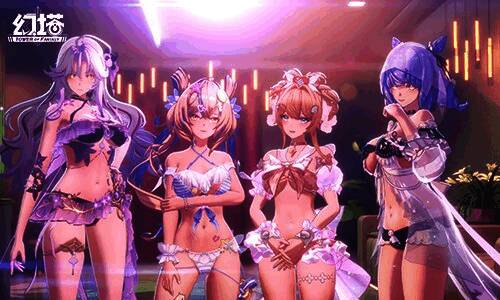 多位角色穿着不同风格泳装的画面展示,背景为阳光沙滩场景