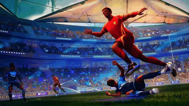 游戏中球员高速奔跑,进行激烈拼抢,画面动感十足