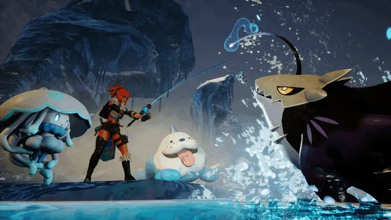 帕鲁在全新区域探险的画面,背景充满《泰拉瑞亚》风格建筑