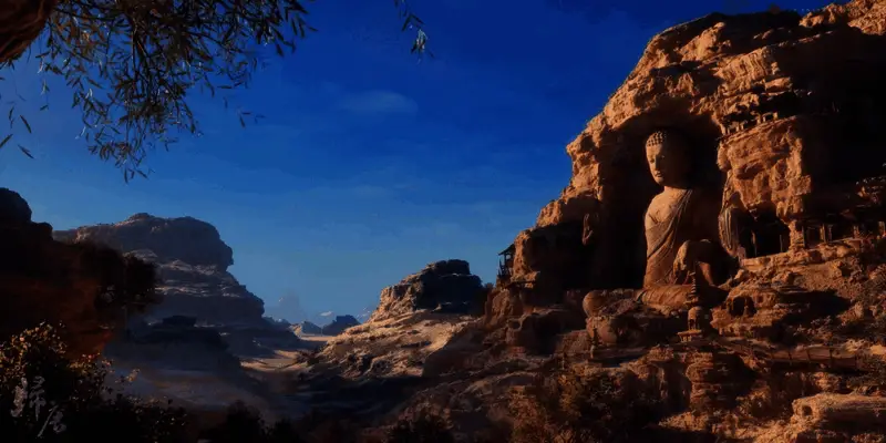 远处山峰云雾缭绕，近景绿树成荫，水面波光粼粼