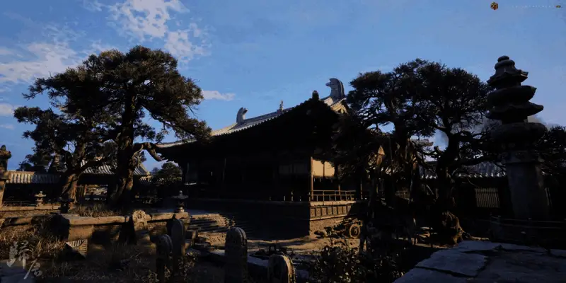 一座古桥横跨溪流，两侧是青石小径与低矮屋舍