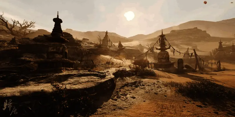 山间庙宇被霞光笼罩，飞檐翘角映照出古典之美