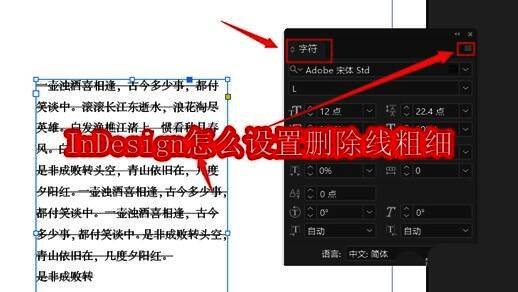 InDesign主界面展示,右侧为字符面板与删除线设置入口