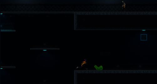 角色Exia在昏暗走廊中前行,手持武器警觉环顾四周