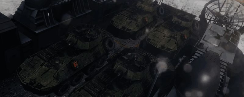 《断箭》游戏中步兵战车在城市环境中执行清剿任务的画面，车身涂装各异的士兵正从车顶跃下展开阵型