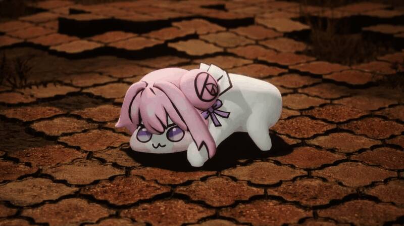 Doro模型在《剑星》场景中活泼跳跃，背景为末日废墟风格