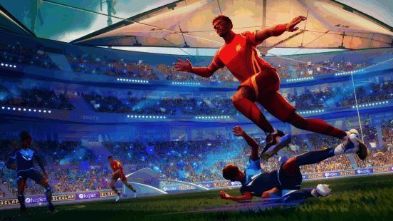 游戏实机画面展示球员奔跑与传球动作，背景为未来风格球场设计