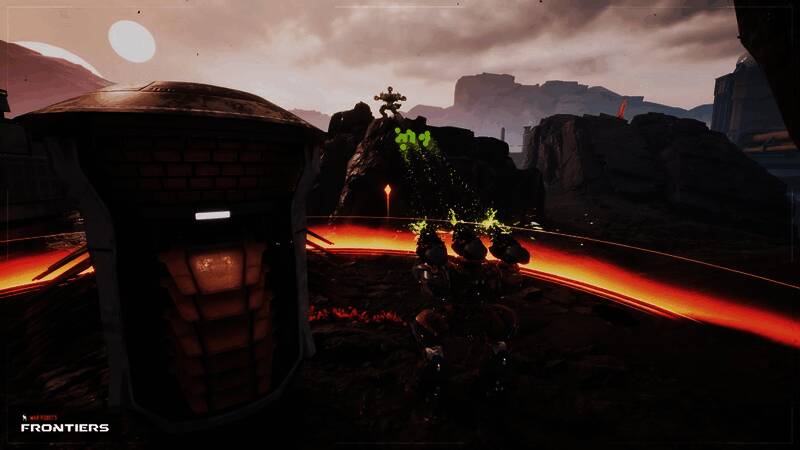 游戏中「先锋」模式对战场面，两队机甲激烈交火中