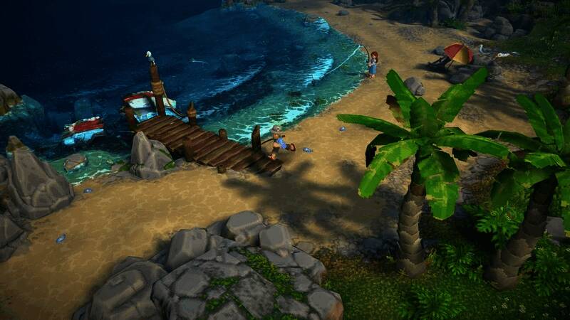 露玛岛的热带风光，玩家正在农田劳作，远处可见神秘遗迹